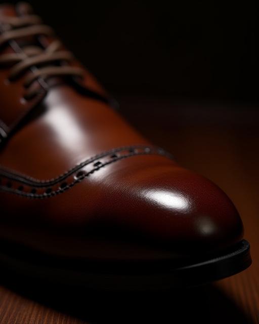 手作業で磨き上げられた革靴のクローズアップ