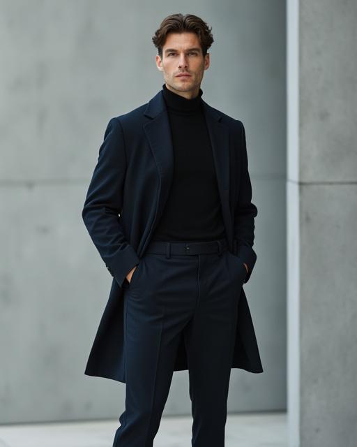 ミニマルなデザインのウールコートを着た男性