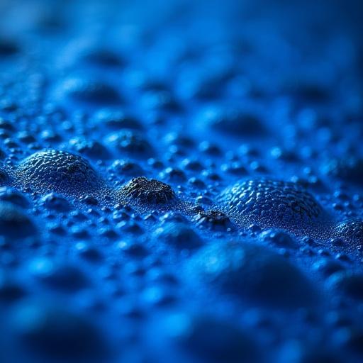 The surface of a fermenting indigo vat, showing deep blue bubbles.