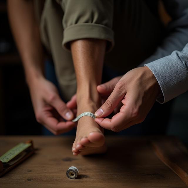 A craftsman taking foot measurements for a custom shoe fitting.