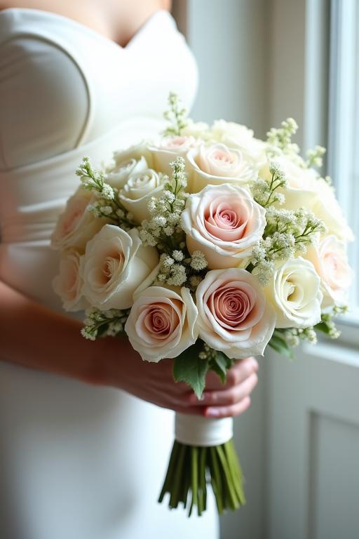 繊細な色合いのバラと季節の小花で構成された、エレガントな新婦のクラシックブーケ