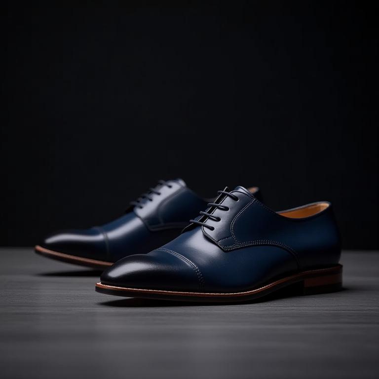 A pair of dark indigo blue oxford dress shoes.