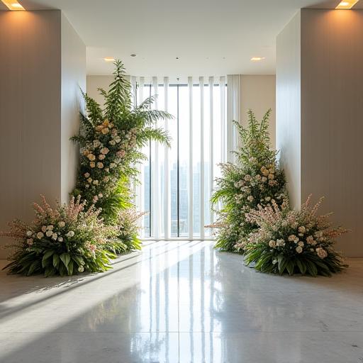モダンなオフィスエントランスに設置された大規模な法人向けフラワーインスタレーション