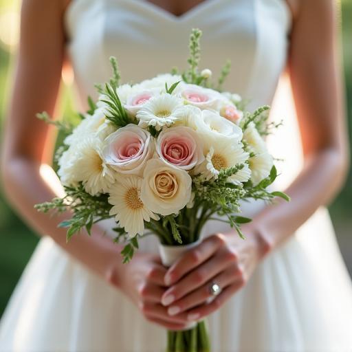 ウェディングの花束を持つ新婦の様子