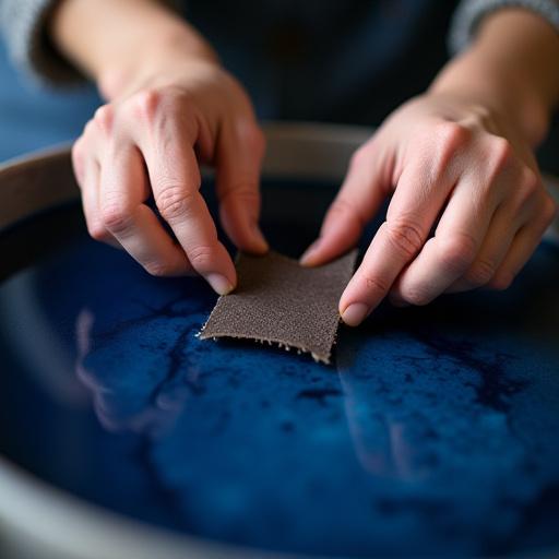 Close-up of a workshop participant's hands dyeing a small piece of leather.